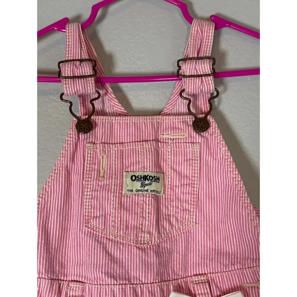 OshKosh B Gosh Pink Conductor Stripe Shorts Overalls Toddler 18M Denim Cotton